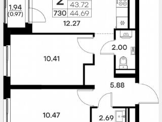 2-комн., 44.7 м², 13/17 этаж