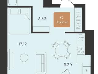 Студия, 33.62 м², 6/7 этаж