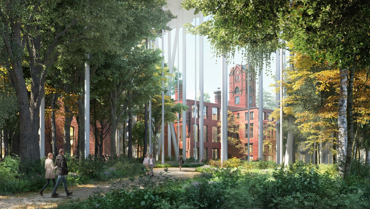 Опоры здания перемежаются стволами деревьев. Фото: Бадаевский